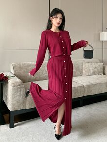 Modelyn Women's Solid Color Long Sleeve Knit Cardigan And Single-Breasted Knit Sleeveless Dress Elegant 2 Pieces Set - Burgundy - View 3