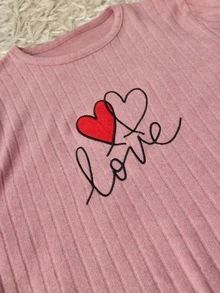 SHEIN Women Heart Embroidery Ribbed Crew Neck Long Sleeve Top And Straight Leg Pants 2-Piece Casual Pajama Set - Dusty Pink - View 5