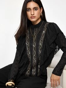 Maija Women's Patchwork Sequin Stand Collar Ruffle Loose Fashion Blouse,Going Out Outfits, Work Outfits For Women,Fall Clothes - Black - View 6