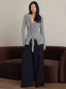 COSMINA Women's Casual Elegant Ruffle Knit Top - Grey - View 3