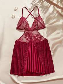 Charlaine Plus Size Sexy Lace Sheer Nightgown - Burgundy - View 1