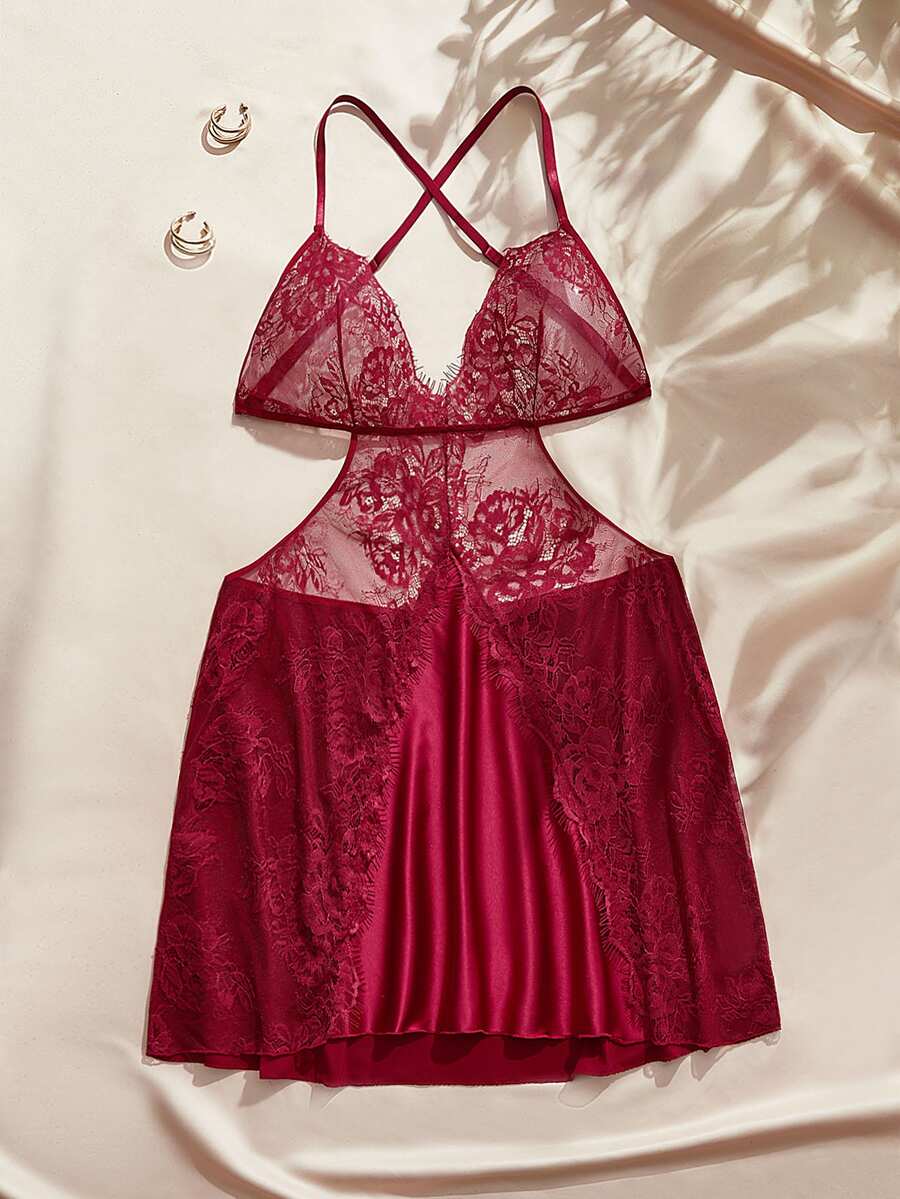 Charlaine Plus Size Sexy Lace Sheer Nightgown - Burgundy - View 1