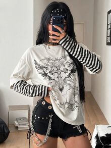 Coolane 女款秋冬街頭風休閒波希米亞學院風搖滾龐克哥德風純棉印花寬鬆上衣 - 白色 - 查看 3