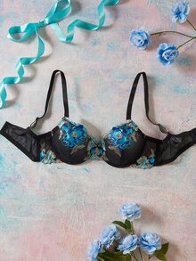 Elorette Embroidered Floral Blue & Black Contrast Color Non-Molded Cup Lightweight Underwire Lift-Up Romantic Pastoral Cup Detail Plus Size Bra & Wireless Bra - Black - View 2