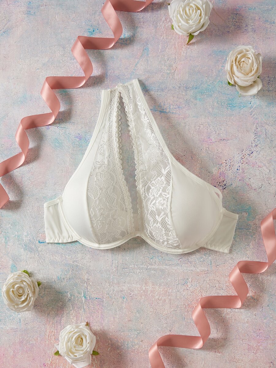 Elorette White Lace Patchwork Asymmetric Shoulder Non-Molded Cup Underwire Lift-Up Full Coverage Bra, Sexy Elegant Romantic Plus Size Bra & Wireless Bra - White - View 1