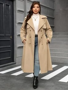 Reflora Plus Size Women's Drawstring Waist Casual Long Trench Coat Jacket, Autumn/Winter - Khaki - View 3