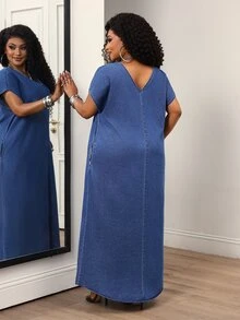 Slaydiva Plus Size Women's V-Neck Batwing Short Sleeve Casual Loose Denim Dress - Blue - View 2