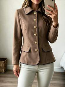 Louniche Elegant Casual Brown Button Blue Trim Women's Overcoat - Brown - View 3