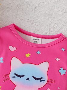 SHEIN Infant Toddler Cute Comfortable Cartoon Print Pattern Fitted Pajama Set Loungewear Set - Hot Pink - View 6