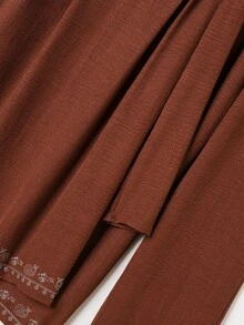 Rusticease 女款刺繡V領長袖襯衫與長褲休閒套裝 - 棕色 - 查看 5