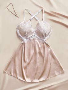 Charlaine Plus Size Lace Patchwork Backless Halter Neck Nightgown - Champagne - View 1