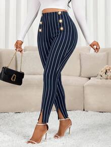 SHEIN Lady سروال ضيق مخطط للنساء بتصميم زر معدني على الخصر - أزرق بحري - مشاهدة 3