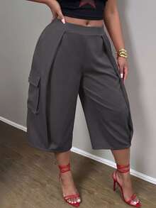 Slaydiva Plus Size Women's Pants, Burgundy Belt Cargo Pocket Wide Leg Cropped Culottes - Grey - View 4