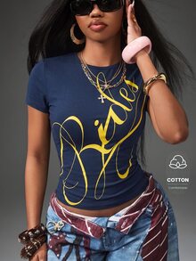 Vadaroq 女款夏秋街頭風外出穿搭復古時尚彈性舒適短版Baby Tee Y2K風格 - 寶藍色 - 查看 3