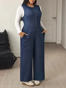 Flexra Jumpsuit Denim Kasual Wanita Ukuran Besar - Dark Wash - View 7