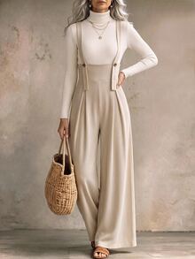 Holdful Holdful Women's Corduroy Button Design Wide Leg Overalls - Beige - View 4