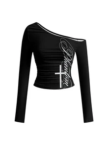 ROMWE Grunge Punk Dark Vintage Punk Asymmetrical Shoulder Long Sleeve Women's T-Shirt - Black - View 1