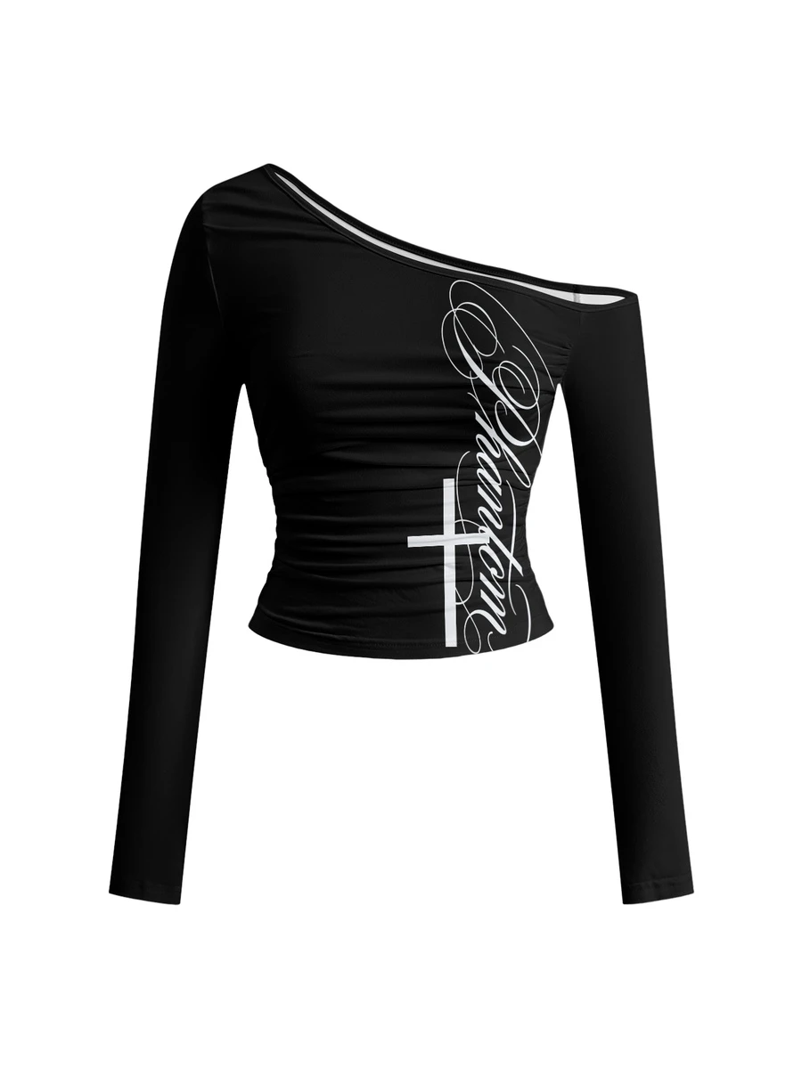 ROMWE Grunge Punk Dark Vintage Punk Asymmetrical Shoulder Long Sleeve Women's T-Shirt - Black - View 1