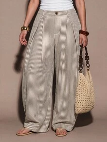 SHEIN BAE CURVE Plus Size Women's Casual Boho Vacation Black And White Checkered Textured Striped Loose Patchwork Long Pants Suitable For Outings Daily , Halloween, - Khaki - View 6
