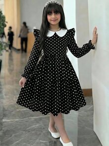 SHEIN Tween女孩秋冬梭織黑色波點印花拼接色塊彼得潘領長袖荷葉邊拼接洋裝，適合休閒、度假、返校、派對、日常穿著 - 黑色 - 查看 3