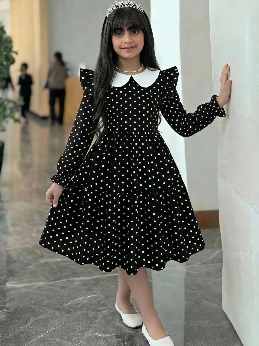 SHEIN Tween女孩秋冬梭織黑色波點印花拼接色塊彼得潘領長袖荷葉邊拼接洋裝，適合休閒、度假、返校、派對、日常穿著 - 黑色 - 查看 1