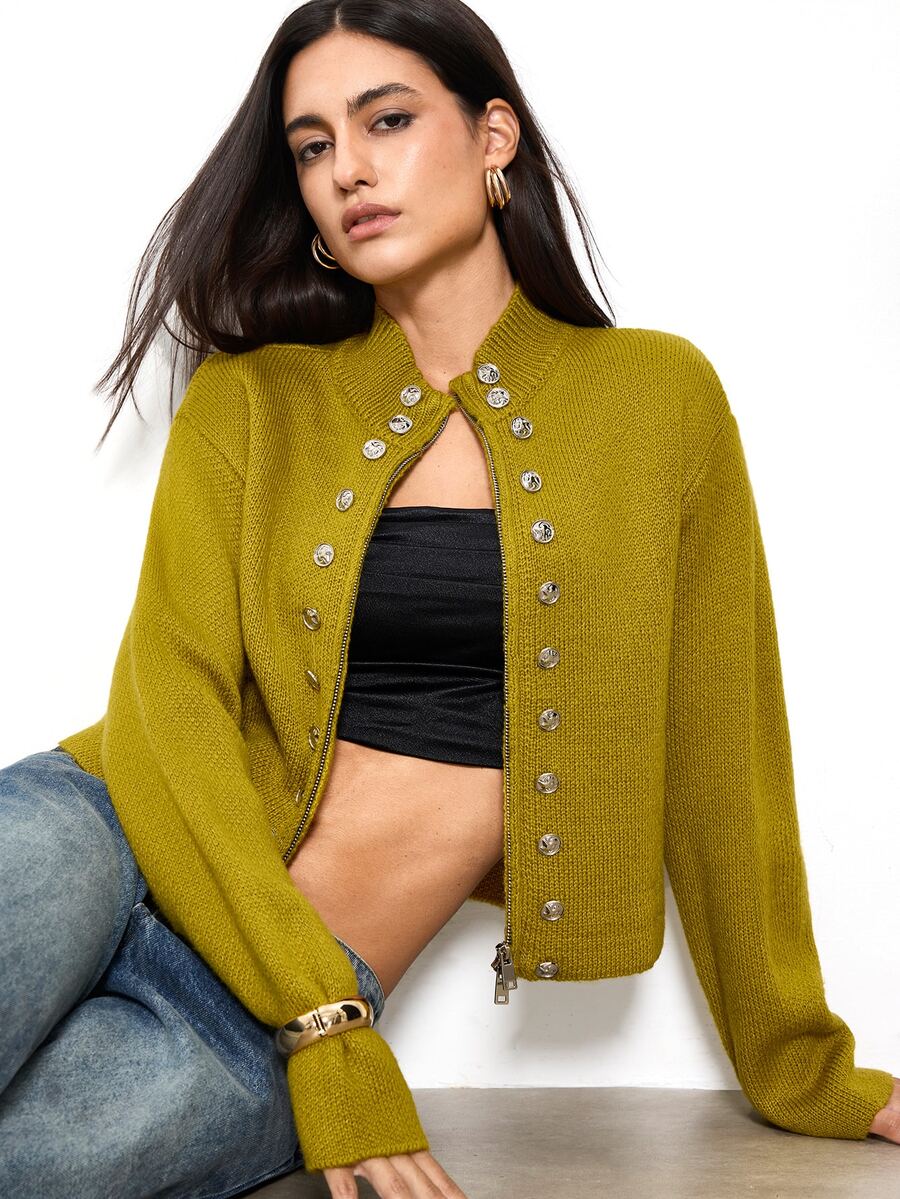 Maija Women's Solid Color Double-Breasted Zipper Knit Cardigan,Going Out Outfits, Work Outfits For Women,Fall Clothes - Green - View 1