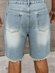 Manfinity Homme 男士淺藍色年輕休閒刺繡毛邊牛仔短褲 - 淺色水洗藍 - 查看 7