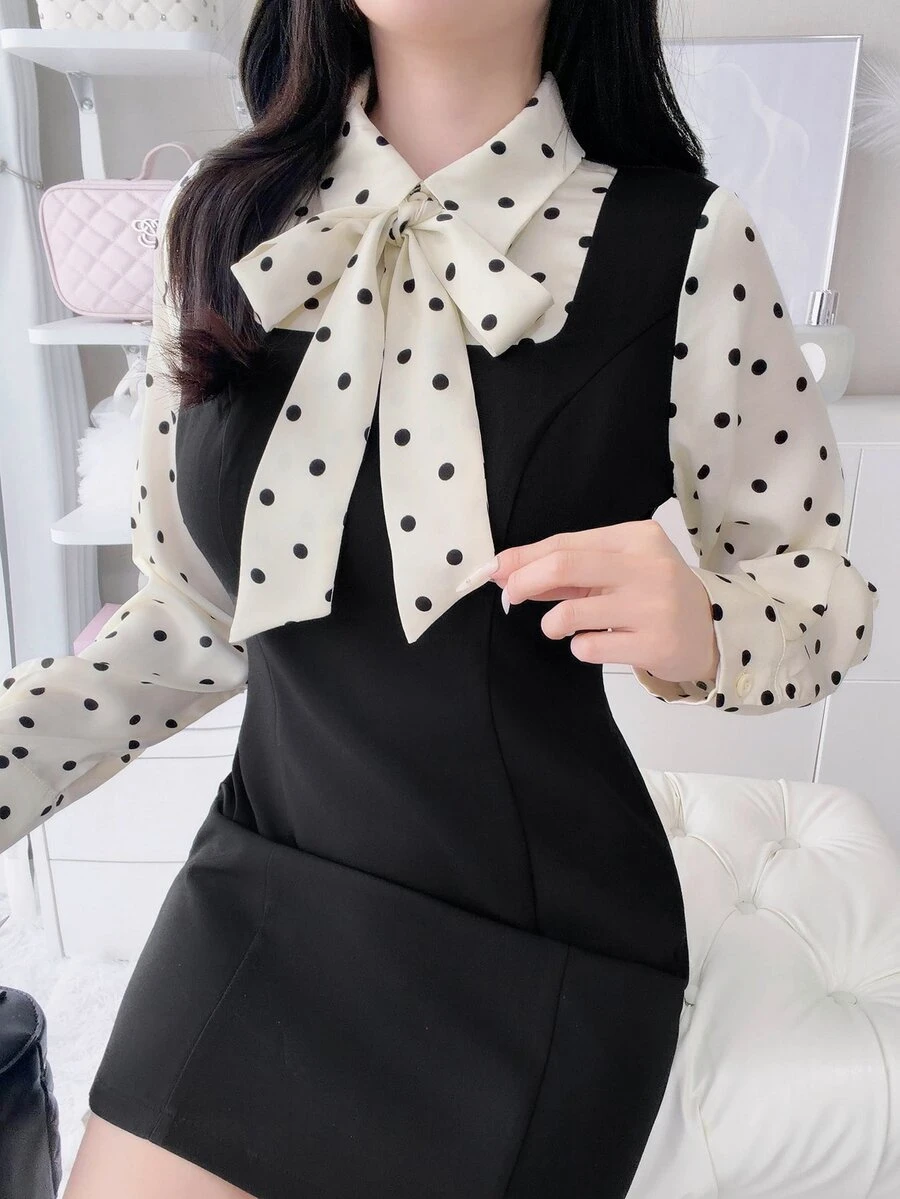 FRIFUL Women's Autumn Patchwork Polka Dot Collar Bowknot Waist Short Dress - Black - View 1