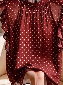 SHEIN Franclia Women's New Black With White Polka Dot Chiffon Sleeveless Blouse | French Vintage Sweet & Cool Style, Lightweight Chiffon Fabric Suitable For Dating/Shopping/Afternoon Tea, Double Layer Ruffle Sleeves + Stand Collar With Pleats, Fresh And Elegant, French Elegant Blouse, Elegant Blouse, Women's Vacation Blouse, Polka Dot Blouse - Red - View 4