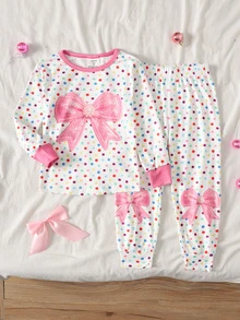 SHEIN 女童簡約蝴蝶結 3D 印花長袖秋冬褲裝套裝，居家與日常穿著，修身版型 - 彩色 - 查看 2
