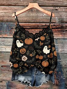 Mellowie Halloween Pumpkin Ghost Bat Print Plus Size Black V-Neck Lace Cami And Tank Top - Multicolor - View 1