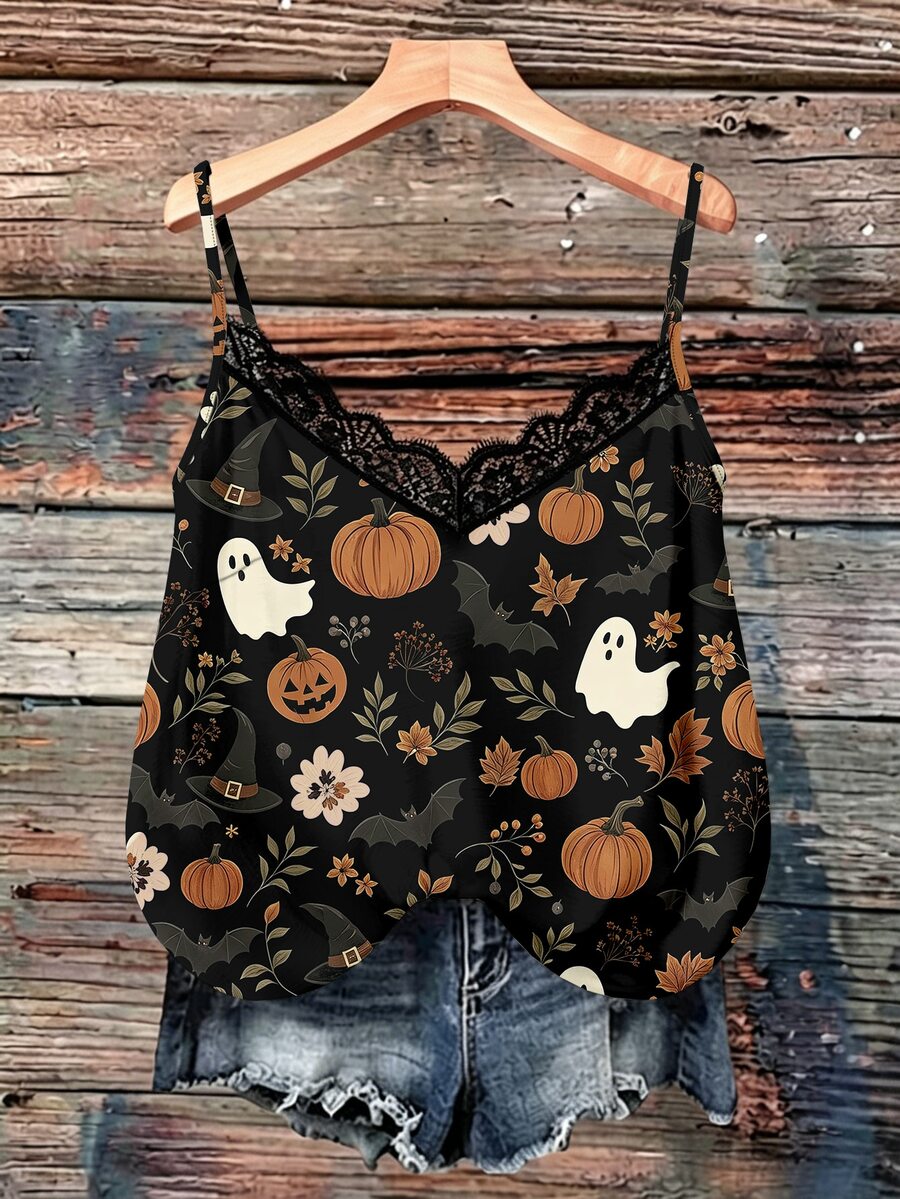 Mellowie Halloween Pumpkin Ghost Bat Print Plus Size Black V-Neck Lace Cami And Tank Top - Multicolor - View 1