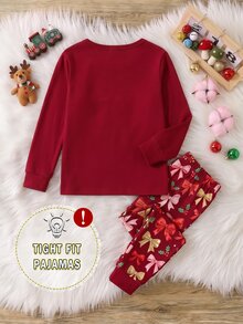 Young Girls Pajamas New Hot-Selling UV Light Glow-In-The-Dark Bow & Combination Pattern Red Round Neck High-Elastic Top With All-Over Print Long Pants 2 Pieces Set, Snug Fit, Autumn/Winter Loungewear, 1 Set - Multicolor - View 3