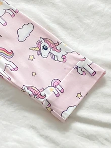 女童幼兒優雅卡通獨角獸印花開襟翻領長袖褲休閒舒適阻燃磨毛布家居服2件套 - 粉色 - 查看 6
