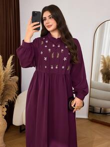 Lacomfia Embroidered Striped Random Pattern Dark Red Plus Size Dress, Elegant Fashionable Elegant Loose Long Length Long Sleeve Woven Non-Stretch - Burgundy - View 1
