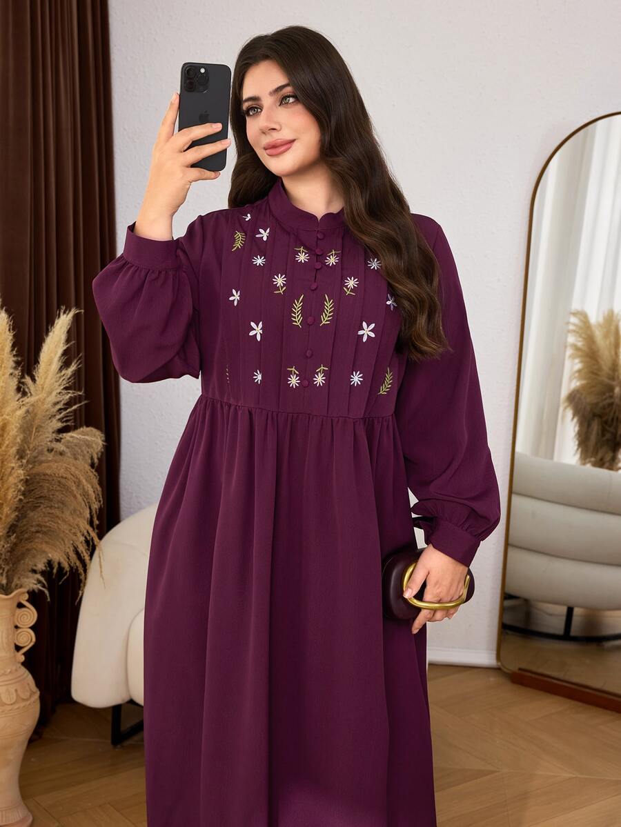 Lacomfia Embroidered Striped Random Pattern Dark Red Plus Size Dress, Elegant Fashionable Elegant Loose Long Length Long Sleeve Woven Non-Stretch - Burgundy - View 1