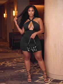 Slaydiva Black Mini Bodycon Dress With Halter Neckline And Twisted Cutout For Women - Sexy Party And Clubbing Outfit - Black - View 7