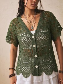 Freevana 大尺碼女款純色V領鏤空刺繡休閒短袖針織開襟衫 - 軍綠色 - 查看 4