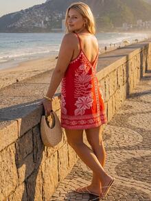 CAJUNI Plus Size Women's Floral Print Casual Spaghetti Strap Vacation Dress - Red - View 4