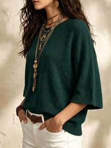 SHEIN Casual Loose Round Neck 3/4 Sleeve Knit Basic Batwing Sleeve Design Gray Women's Spring/Autumn Knit Top - Dark Green - View 4