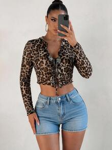 Sirith Women's Leopard Print Front Tie Long Sleeve Cropped Fashion Top - Multicolor - View 1