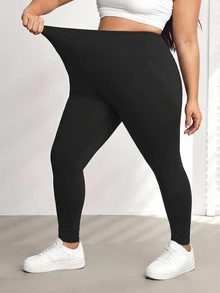 SHEIN CURVE+ 大尺碼側口袋運動瑜伽彈性修身緊身褲 - 黑色 - 查看 6