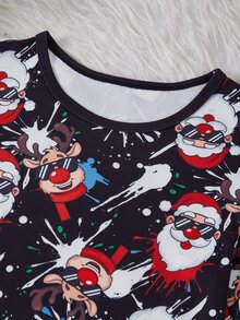 1 Set Boys' Christmas Santa Print Long Sleeve Long Pants Contrast Color Cuffs Hem Collar Snug Fit Loungewear Set (1 Set Sold Separately) - Multicolor - View 4