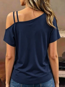 Trelyra Special Craft Asymmetrical Shoulder Casual Versatile Short Sleeve T-Shirt - Navy Blue - View 2