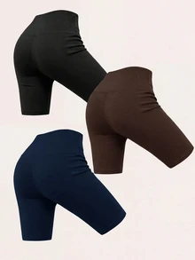 SHEIN BASICS 女款純色高腰日常健身運動基礎短褲 - 彩色 - 查看 3