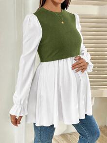 SHEIN 孕婦圓領荷葉邊袖口休閒哺乳上衣 - 軍綠色 - 查看 4