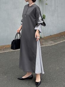 FRIFUL Women's Autumn Patchwork Striped Bell Sleeve Straight Long Dress - Grey - View 7