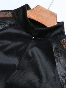 SHEIN Women's Lace Patchwork Bud Hem Design Velvet Dress, Suitable For Dating, Party, Business Wear - Black - View 6