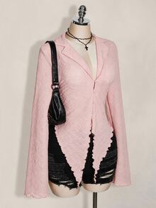SHEIN ICON ICON PLUS 生菜邊飾不對稱下擺透視上衣 無內衣設計 大尺碼女式襯衫-1891,Y2k秋季 - 粉色 - 查看 6