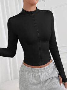 Sirith Women's Solid Color Zipper Front Long Sleeve Sports Sweatshirt - Black - View 3